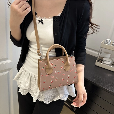 Women Stylish PU Leather Cherry Print Small Square Bag Sweet Fresh Handheld Crossbody Bag With Adjustable Shoulder Strap