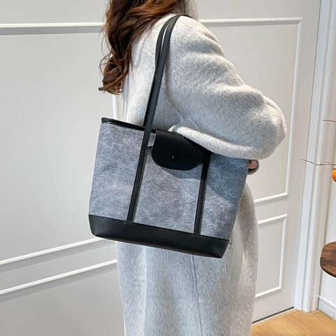 Bolso Tote de Gran Capacidad para Mujer Cuero PU Bolso de Hombro Color en Contraste Retro Minimalista Bolso de Moda