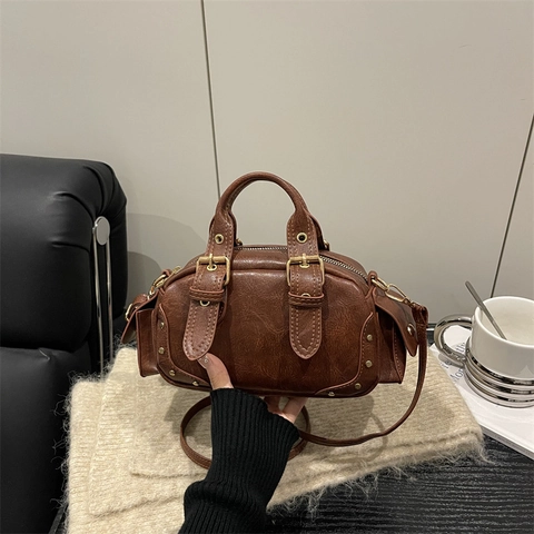 Vintage Bowling Bag Women Niche Texture Handbag Chic Motorcycle Shoulder Casual Crossbody Bag Solid Color PU Leather Gold Rivet