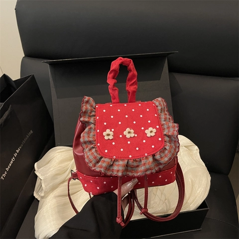 Zaino Donna a Pois Carino Tela Pelle PU Plaid Volant Fiori 3D Stile Coreano Pastorale Retro Piccolo Zainetto Scuola Viaggio Daypack