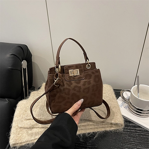 Vintage Leopardenmuster Wildleder Umhängetasche Für Damen Mode Kleine Quadratische Schultertasche Mit Metallschloss Griff Täglich Handtasche