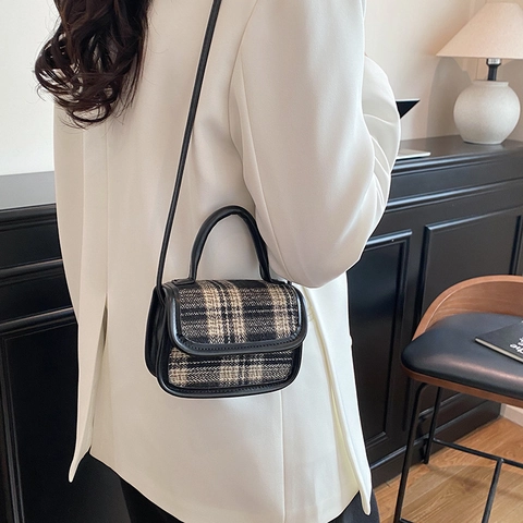 Vintage Plaid Woolen Fabric Handbag For Women Retro Mini Crossbody Bag With PU Leather Trim Small Square Shoulder Bag