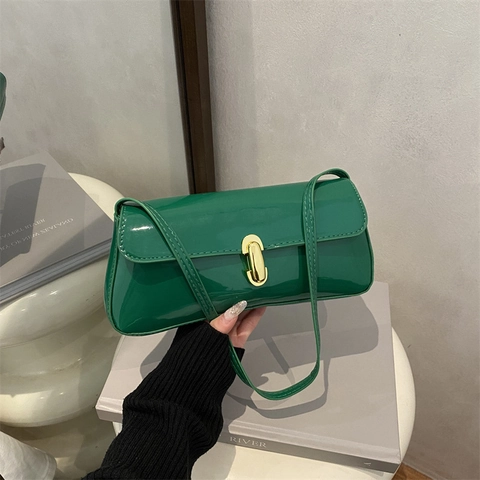 Women Patent Leather Underarm Baguette Bag Vintage Solid Color PU Shoulder Bag With Metal Lock Gold Hardware Daily Fashion Handbag
