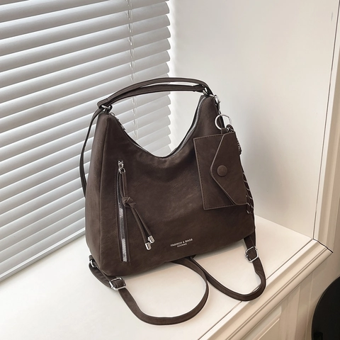 Women Retro PU Leather Multi-use Backpack Fashion Letter Print Large Capacity Tote Shoulder Bag With Small Pouch Pendant