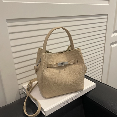 Retro Lychee Patroon PU Lederen Emmer Tas Voor Vrouwen Vintage Metalen Slot Woon-Werkverkeer Handtas Schoudertas Met Etui