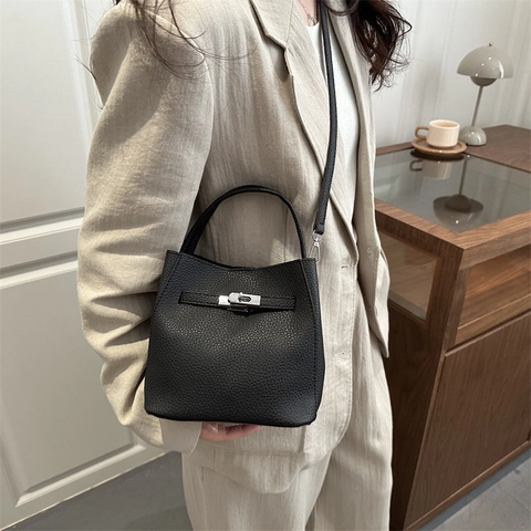 Retro Lychee Patroon PU Lederen Emmer Tas Voor Vrouwen Vintage Metalen Slot Woon-Werkverkeer Handtas Schoudertas Met Etui