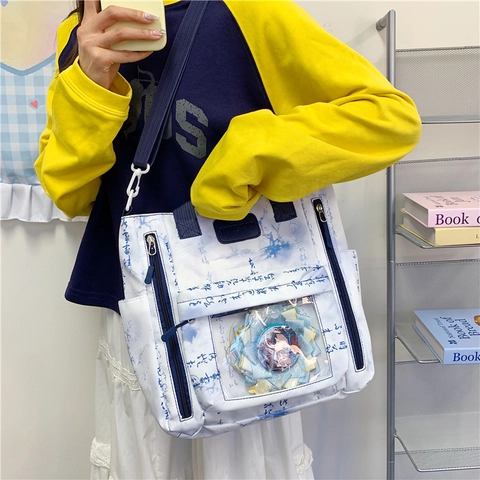 Bolsa Tote de Gran Capacidad de Estilo Chino Oxford para Mujer Caligrafía Vintage Bolso de Hombro Ita Con Ventana PVC Estudiantes