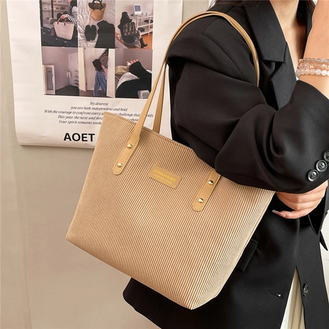Large Capacity Corduroy Tote Bag For Women Vintage Urban Minimalist Shoulder Bag Solid Color Commuting Handbag With Rivets