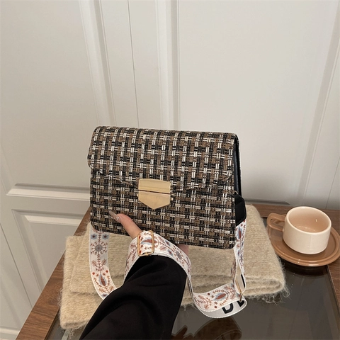 Bolso Bandolera de Tweed a Cuadros Vintage para Mujer Con Correa Ancha Bordada Bolso de Mano Cuadrado Pequeño Elegante Estilo Retro