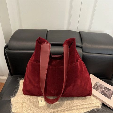 Women Faux Suede Tote Bag Large Capacity Retro Hobo Shoulder Bag Minimalist Soft Daily Commute Solid Color Handbag For Female
