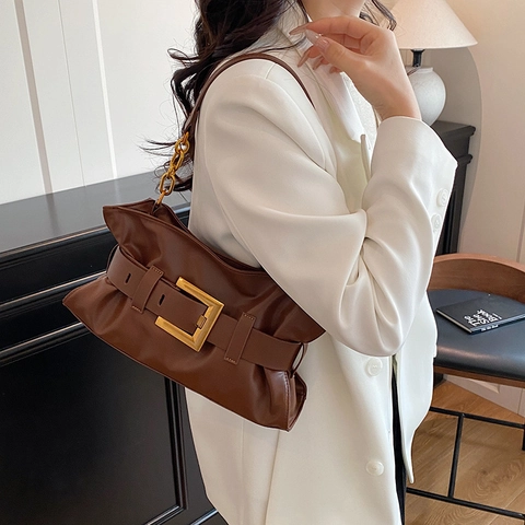 Vintage Pleated Cloud Bag For Women PU Leather Solid Color Shoulder Bag With Gold Square Buckle And Chain Strap Handbag