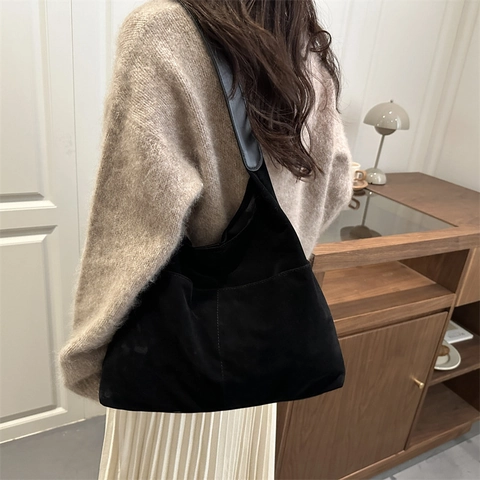 Women Faux Suede Tote Bag Large Capacity Retro Hobo Shoulder Bag Minimalist Soft Daily Commute Solid Color Handbag For Female