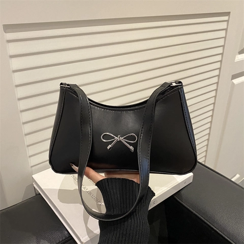 Women Fashion PU Leather Shoulder Bag With Silver Metal Bowknot Small Square Crossbody Underarm Bag For Daily Commuting