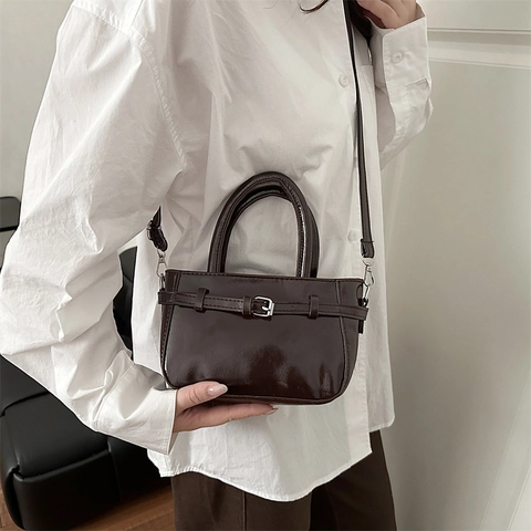 Borsa Piccola Quadrata in Pelle PU Minimalista Vintage per Donna Borsa a Tracolla Portatile in Tinta Unita alla Moda con Cuciture