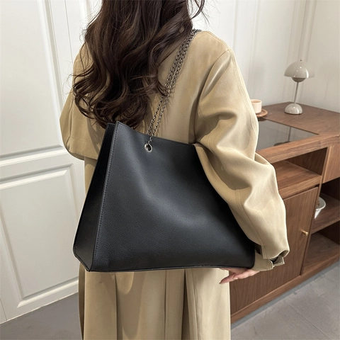 Bolso Tote de Cuero PU para Mujer de Gran Capacidad Patrón de Lichi Minimalista Cadena Bolso de Hombro Color Sólido Casual