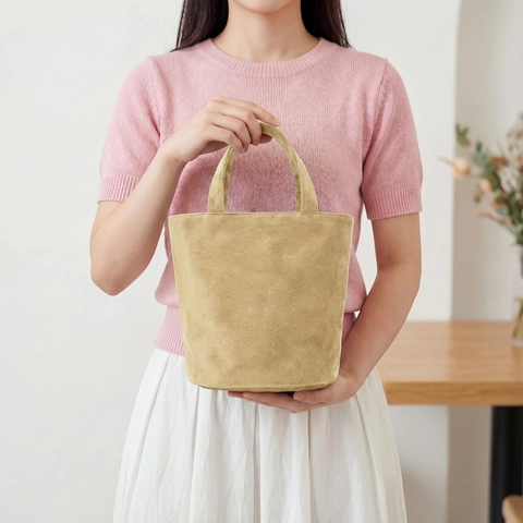 Borsa da Donna Minimalista in Pelle Scamosciata Sintetica a Secchiello Grande Capacità Tinta Unita Casual Elegante Versatile