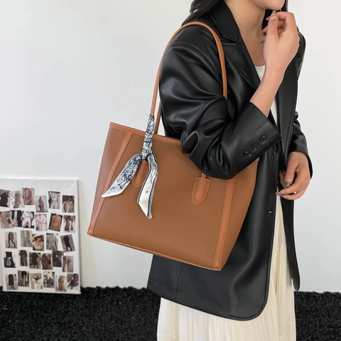 Damen Große Kapazität PU Leder Tote Bag Minimalistisch Litschimuster Schultertasche Mit Seidenschal Dekoration Mode Pendlertasche
