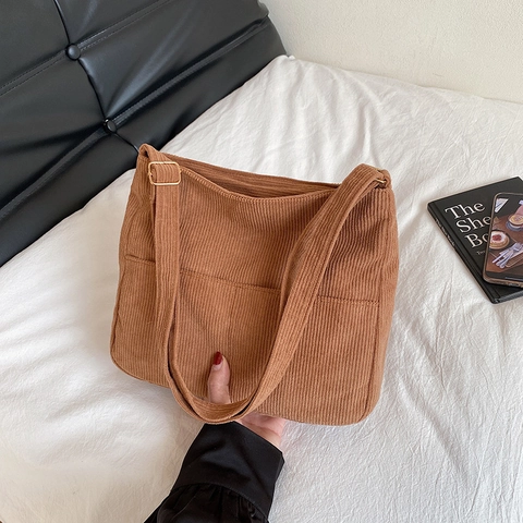 Dames Corduroy Schoudertas Grote Capaciteit Tote Tas Met Voorvakken Retro Japans Casual Crossbody Tas Voor Dagelijks Gebruik