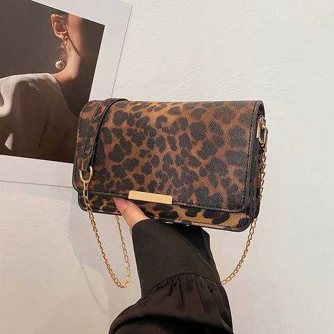 Damen Vintage Leopardendruck PU Leder Kette Umhängetasche Mode Casual Kleine Quadratische Schultertasche Mit Metallschnalle