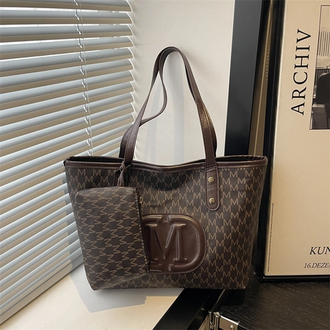Mode Damen Große Tragetasche Set Aus PU Leder Mit Buchstaben Monogramm Druck Und Kleiner Tasche Geprägtes Logo Schultertasche