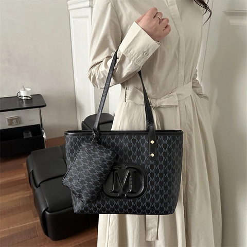 Mode Damen Große Tragetasche Set Aus PU Leder Mit Buchstaben Monogramm Druck Und Kleiner Tasche Geprägtes Logo Schultertasche