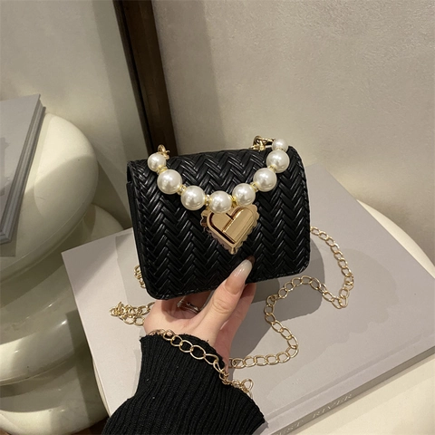 Mini Bolso Bandolera de Cuero PU Tejido para Mujer Cierre de Corazón Bolso de Hombro Cuadrado Con Asa de Perlas Artificiales