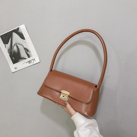 Bolso de Hombro Baguette de Cuero PU Vintage para Mujer Hebilla Cuadrada Dorada Color Sólido Minimalista Bolso de Mano Diario