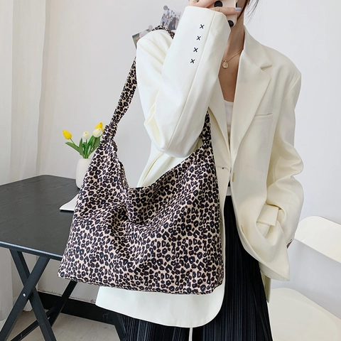 Borsa Tote in Tela con Stampa Leopardata di Moda Grande Capacità Borsa a Tracolla Donna Casual Hobo con Nodo Vintage