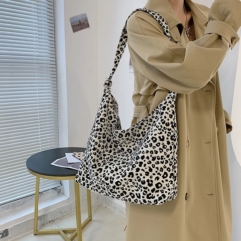 Borsa Tote in Tela con Stampa Leopardata di Moda Grande Capacità Borsa a Tracolla Donna Casual Hobo con Nodo Vintage