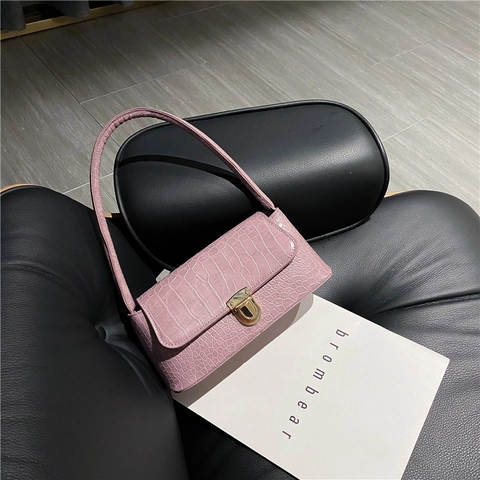 Fashion Women PU Leather Crocodile Pattern Shoulder Bag Retro Metal Buckle Underarm Baguette Bag Small Square Handbag