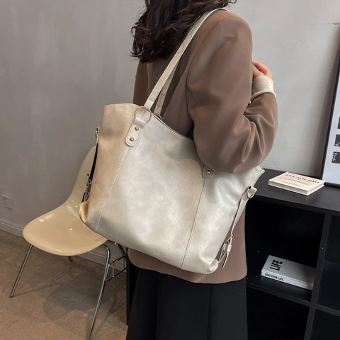 Dames Grote Capaciteit PU Leer Tote Bag Vintage Mode Woon Werkverkeer Schoudertas Met Stiksel Detail Casual Dagelijkse Tas