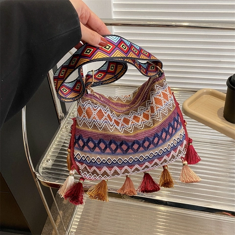 Damen Bohemian Ethnisch Gewebte Schultertasche Große Kapazität Segeltuch Tragetasche Mit Quasten-Verzierung Und Breitem Gurt