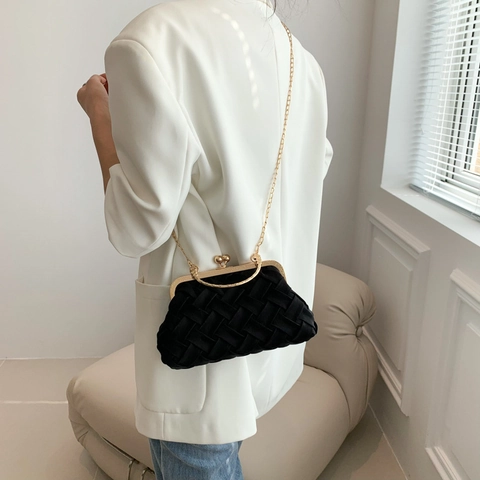Sac de Soirée Tissé Élégant pour Femme Avec Fermoir Kiss Lock en Métal et Bandoulière Chaîne Style Coquille Rétro