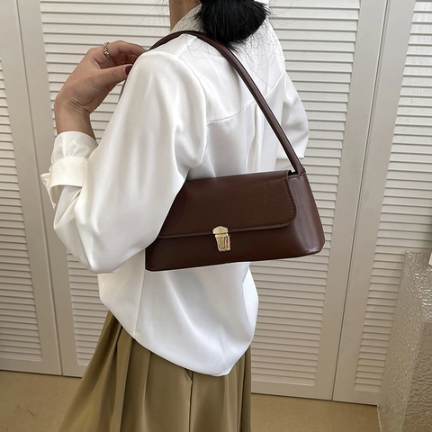 Dames Vintage PU Leer Onderarmtas Mode Kleine Vierkante Schoudertas Met Metalen Slot Dagelijks Woon-werkverkeer Baguette Tas