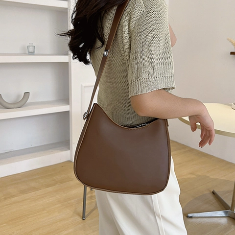 Bolso Hobo de Cuero PU Minimalista para Mujer Bolso de Axila Retro Cierre de Cremallera Bolso de Hombro Moda Casual Color Sólido