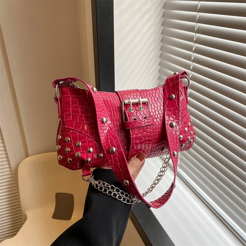 Women Fashion Crocodile Pattern PU Leather Underarm Shoulder Bag Punk Rivet Chain Decor Y2K Style Crossbody Square Bag