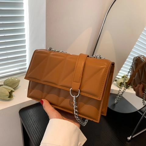 Mode Damen PU Leder Geometrische Steppung Schultertasche Quadrat Kette Umhängetasche Klappdeckel Täglich Messenger Bag