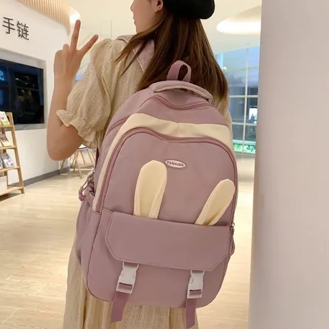 Schattige Konijnenoren Nylon Rugzak Voor Studenten Grote Capaciteit Schooltas Patchwork Casual Reizen Dagrugzak Dames Meisjes