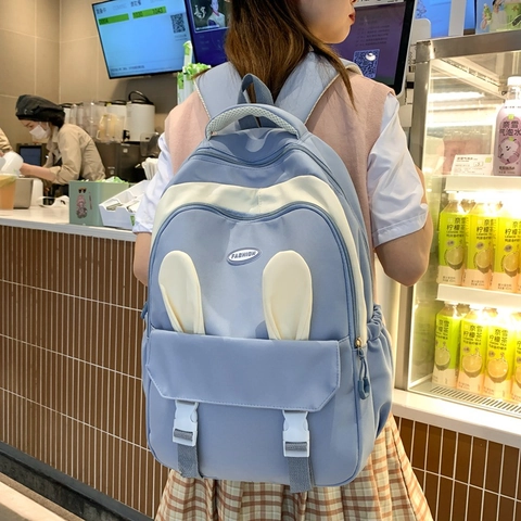Schattige Konijnenoren Nylon Rugzak Voor Studenten Grote Capaciteit Schooltas Patchwork Casual Reizen Dagrugzak Dames Meisjes