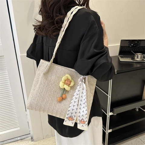 Damen Große Kapazität Stroh Gewebt Tote Bag Sommer Strand Schultertasche Mit Sonnenblume Anhänger Und Schal Casual Handtasche