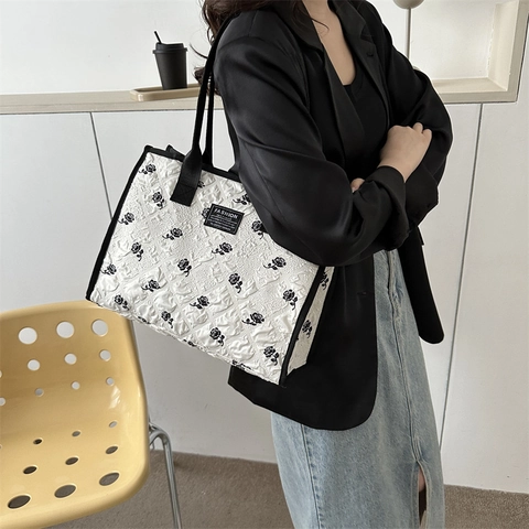 Damen Canvas Tote Bag Mit Großer Kapazität Mode Rose Blumenmuster Pendler Schultertasche Handtasche Für Den Täglichen Einkauf