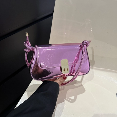 Damen Trendige Metallic Spiegel PU Leder Unterarmtasche Vintage Minimalistische Kleine Quadratische Schultertasche Mit Knotenriemen