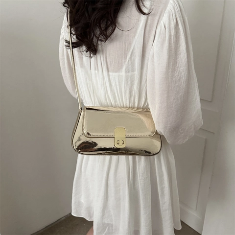 Damen Trendige Metallic Spiegel PU Leder Unterarmtasche Vintage Minimalistische Kleine Quadratische Schultertasche Mit Knotenriemen