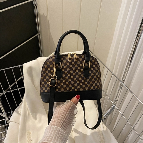 Damen Mode Vintage PU Leder Muschel Tasche Geometrisches Monogramm Bedruckte Umhängetasche Casual Kleine Boston Handtasche Mit Gurt