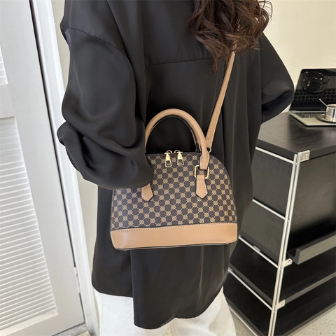 Damen Mode Vintage PU Leder Muschel Tasche Geometrisches Monogramm Bedruckte Umhängetasche Casual Kleine Boston Handtasche Mit Gurt