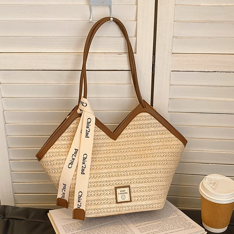 Vrouwen Grote Capaciteit Stro Geweven Tote Bag Street Fashion Schoudertas Met Letter Lint Decoratie Casual Vakantie Strandtas