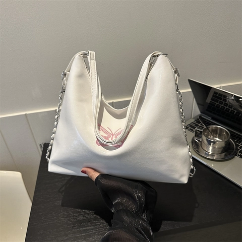 Damen Stilvolle Tragetasche Aus PU Leder Mit Pinker Schmetterlingsstickerei Kettengurt Hobo Schultertasche Große Kapazität Handtasche