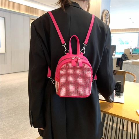 Damen Mode Mini Strass Rucksack Glänzender Diamant Kleiner Schultertasche Glitzerndes PU Leder Street Style Eimer Geldbörse Für Damen