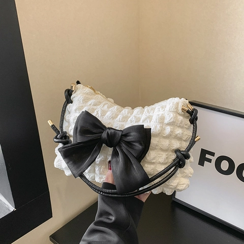 Women Popcorn Texture Shoulder Bag With Large Bow Korean Fashion Sweet Underarm Bag Canvas Solid Color Handbag For Women Daily