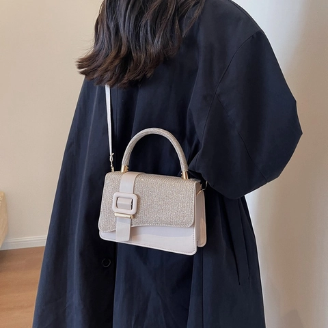 Sac à Épaule Femme en Simili Cuir Patchwork à Paillettes Boucle Carrée Élégante Sac Bandoulière Chic Mode de Rue Quotidien